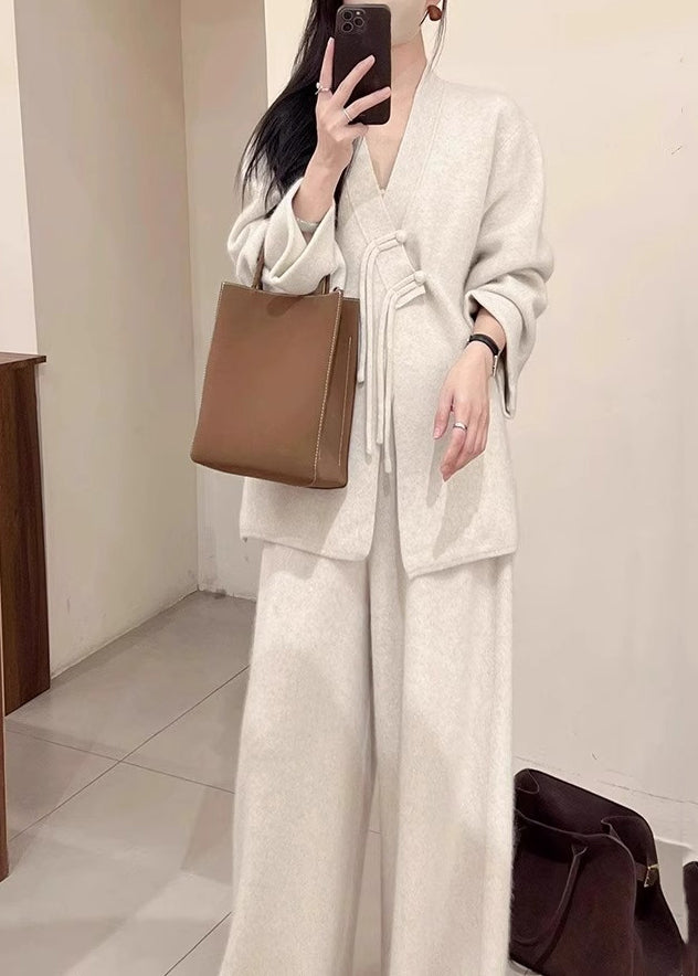 Brief Light Grey V Neck Button Knit Coats And Pants Two Piece Set Fall WV028 ABC