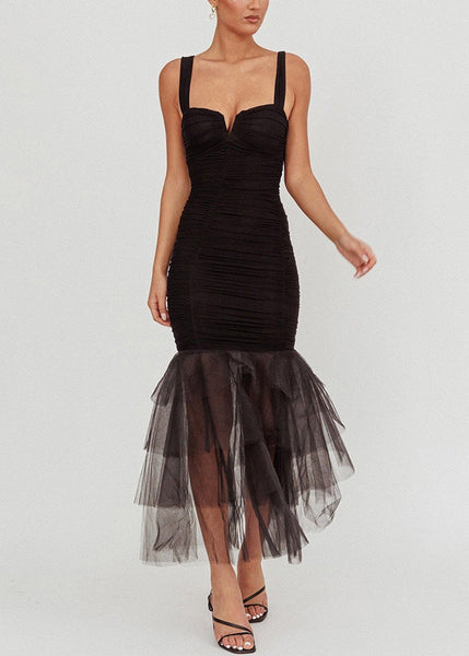 Dress Summer Spaghetti Strap Wrinkled Patchwork Black Tulle FashionChic