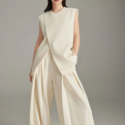 Modern Sleeveless Slit Tunic Top Hem O-neck Cream FashionChic