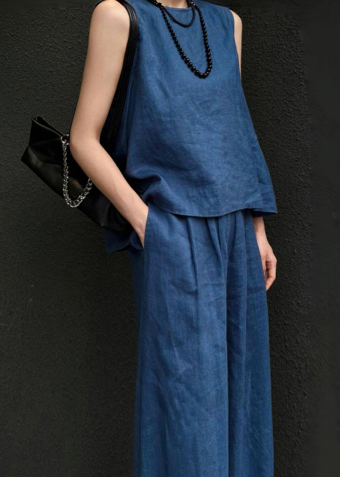 Women Blue Linen Vest And Wide Leg Pants Two Pieces Set Sleeveless AN1026 Genistyle Shop