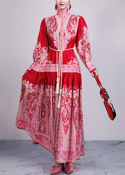 New Red Print Tie Waist Cotton Long Dresses Long Sleeve AR1035 JDML-240823