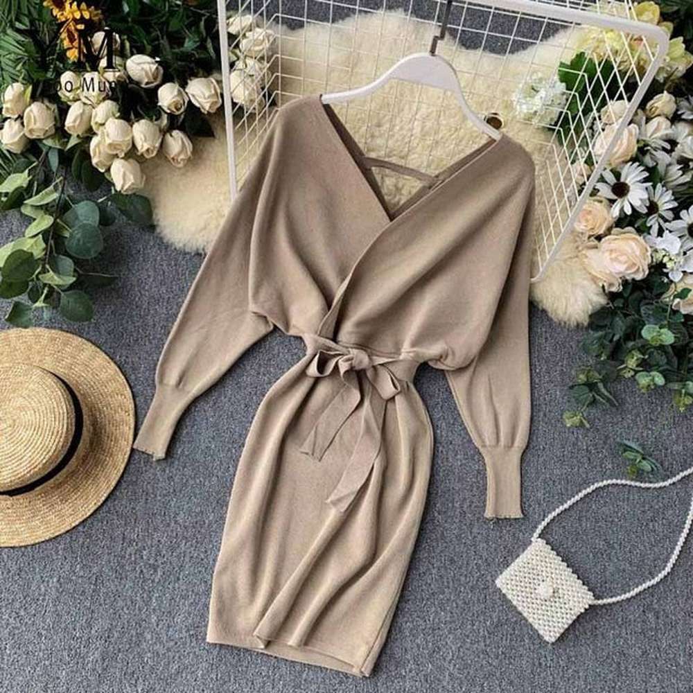 Elegant Beige V Neck Tie Waist Long Batwing Sleeve Dress AR1021 shopify