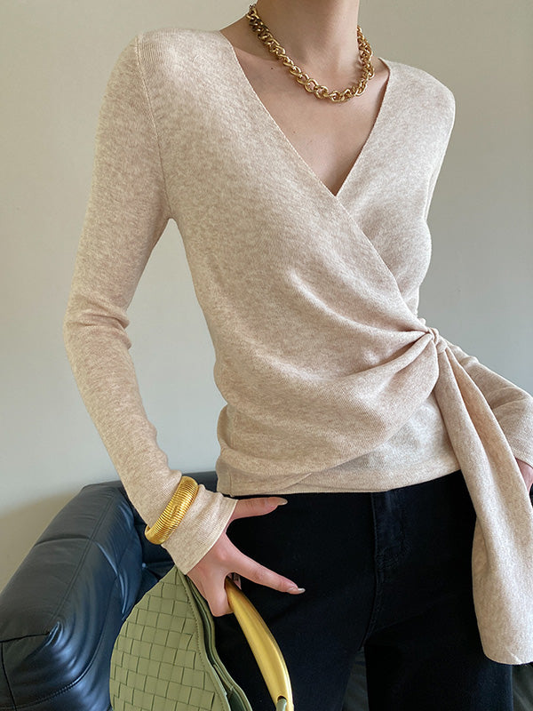 French Apricot V-Neck Asymmetric Lace-up Long Sleeves Sweater QX015 shopify