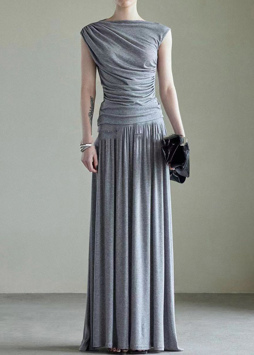 Handmade Grey Slash Neck Vest And Maxi Skirts Cotton Two Piece Set Sleeveless AJ1034 shopify