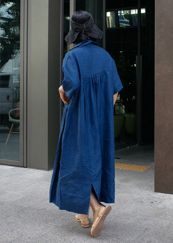 Wrinkled Open Sleeve Side Dress Linen Blue Short FashionChic
