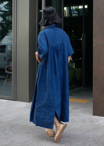 Wrinkled Open Sleeve Side Dress Linen Blue Short FashionChic