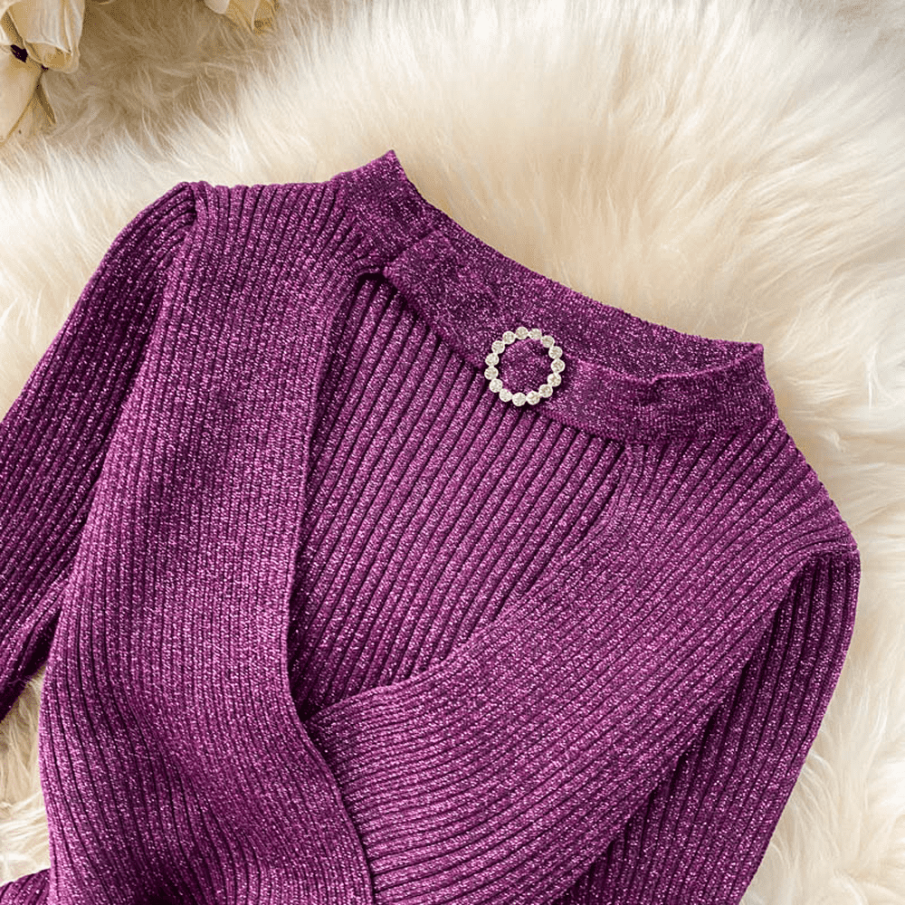 Modern Purple V-neck Hollow Out Halter Long Sleeve With Fur Knit Dress AR1009 shopify