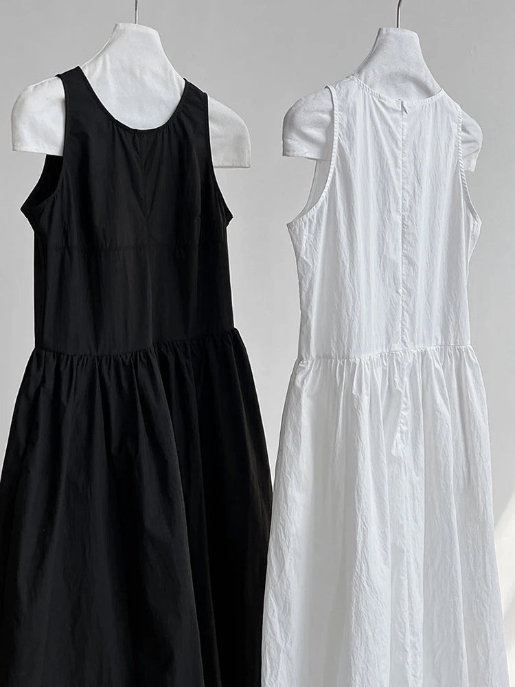 Patchwork O-neck Dress Simple Sleeveless Blue Puff Hem FashionChic