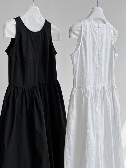 Patchwork O-neck Dress Simple Sleeveless Blue Puff Hem FashionChic