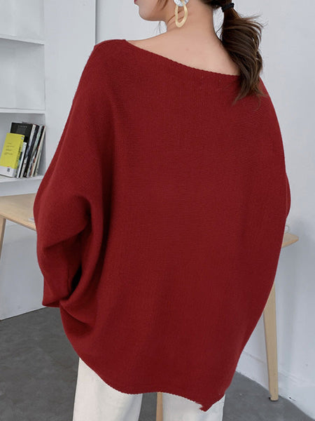 Loose Burgundy Round-Neck Long Sleeve Knit Top AN1071 Genistyle Shop