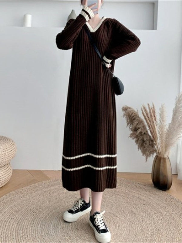 Urban Coffee Hooded V-Neck Long Sleeve Striped Knit Dress AN1051 Genistyle Shop