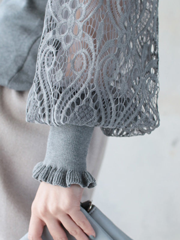 Tempermant Black Round-Neck Patchwork Hollow Lace Long Puff Sleeves Sweater QX011 shopify