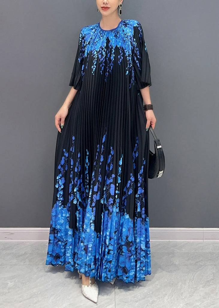 Fine Black O Neck Print Pleated Long Dresses Summer AO1006 JDML-SDL240909