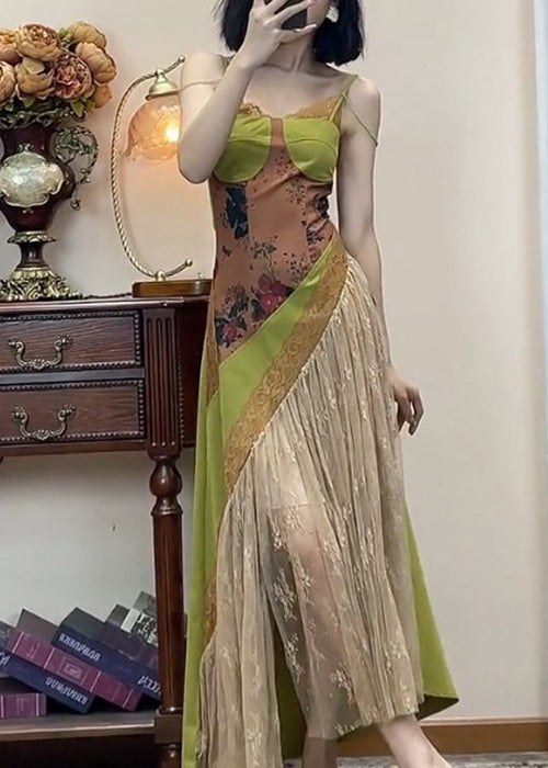 Spaghetti Lace New Green Dress Patchwork Strap Sleeveless FashionChic