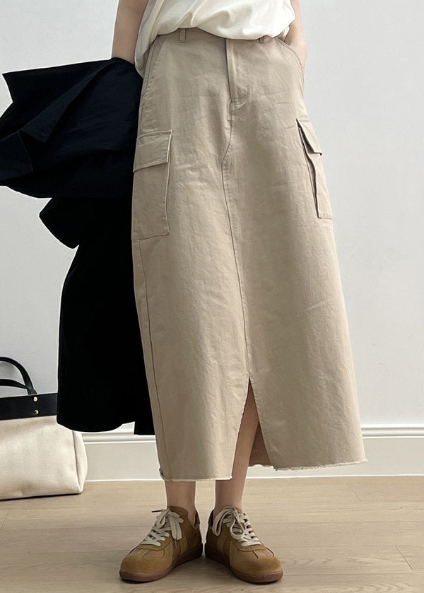 Fine Khaki Pockets High Waist Side Open Cotton Skirt Fall QC024 shopify