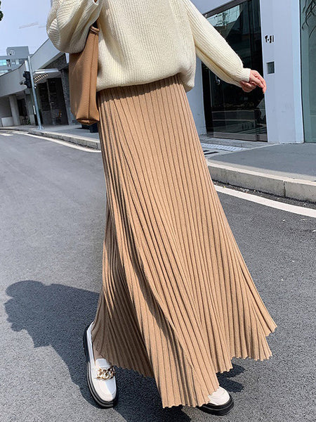Brief Khaki High Waisted Pleated Striped A-Line Knit Skirt TW006 ABC