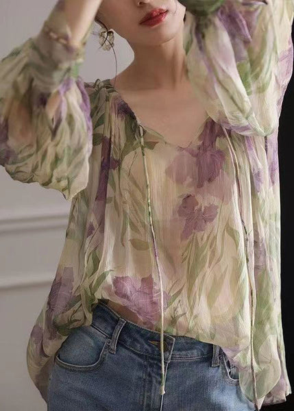 French Green Print Lace Up Chiffon Blouse Long Sleeve EE009 shopify