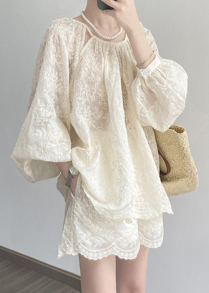 Spring Embroidered And Shorts Set Tops Two Piece Beige Art Cotton FashionChic