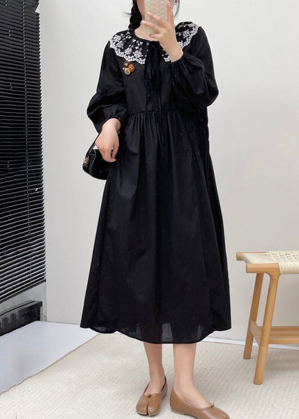 Loose Black Embroidered Lace Up Cotton Dress Spring NN017 shopify
