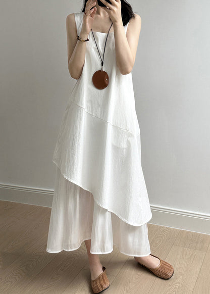 Collar Patchwork Solid Cotton Long White Square New Dresses FashionChic