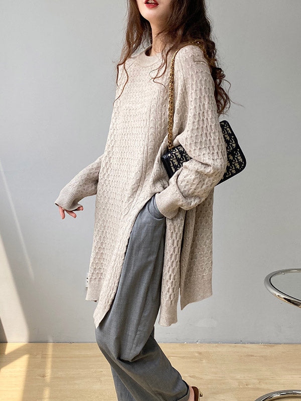 Retro Oatmeal Round-Neck Split-Side Long Sleeve Twist Knit Sweater AN1045 Genistyle Shop