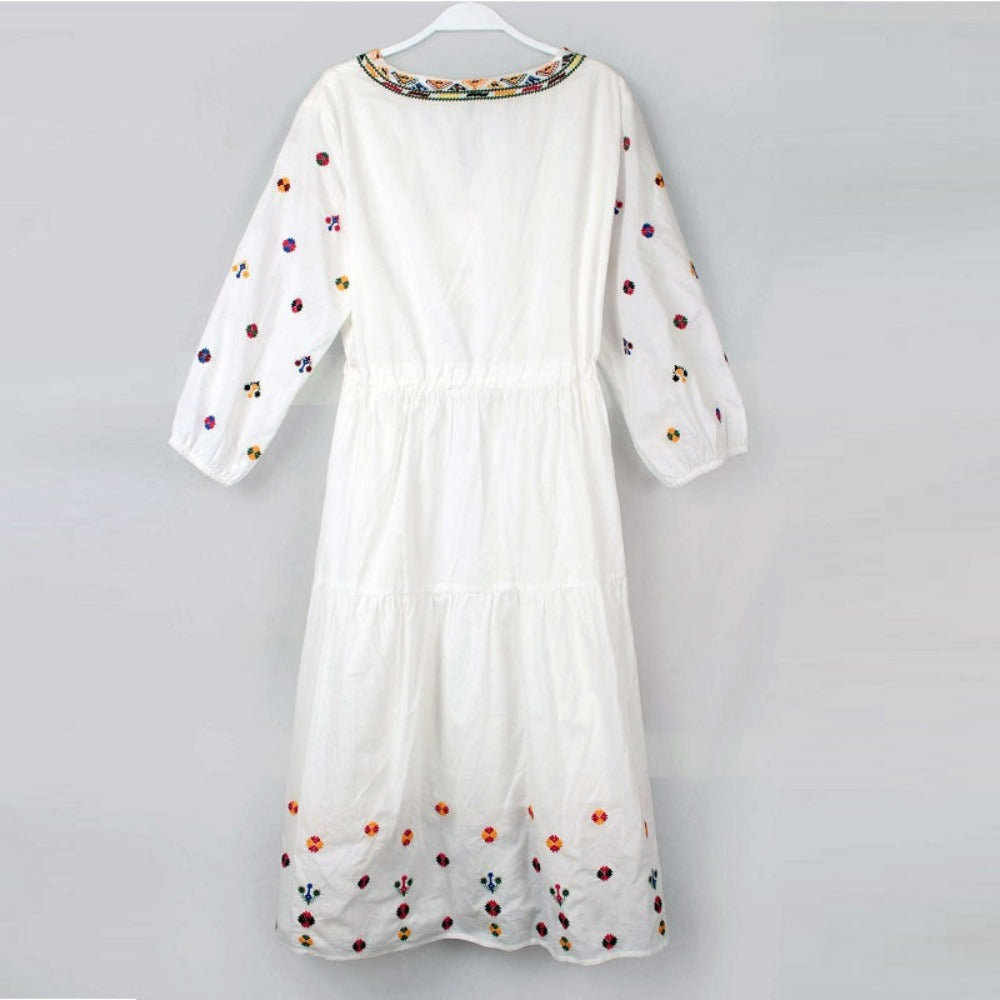 Boho White V-neck Floral Embroidery Lace-up Three-quarter Sleeves Dress AR1020 shopify