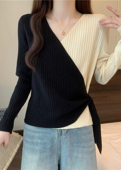 Apricot Patchwork Knit Top Asymmetrical Cross Strap Fall QC041 shopify