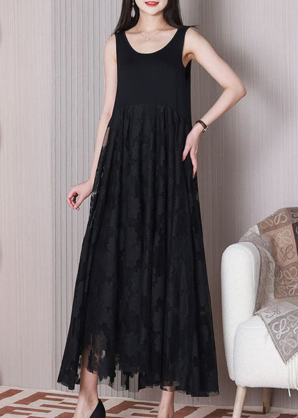 Women Black O Neck Patchwork Cotton Dresses Sleeveless TT1024 shopify