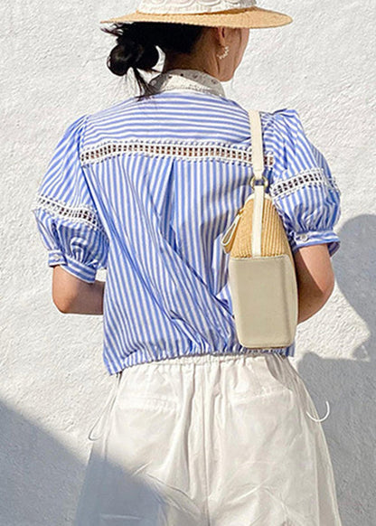 Out Blue Striped Cotton Summer Hollow Fashion Blouses FashionChic