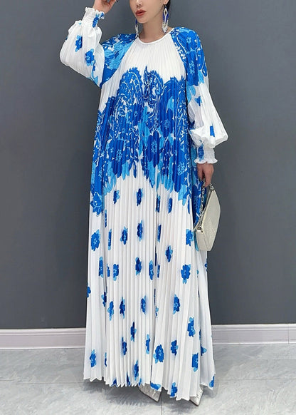 Style White Blue O Neck Print Wrinkled Long Dresses Petal Sleeve AO1001 JDML-FDL240909