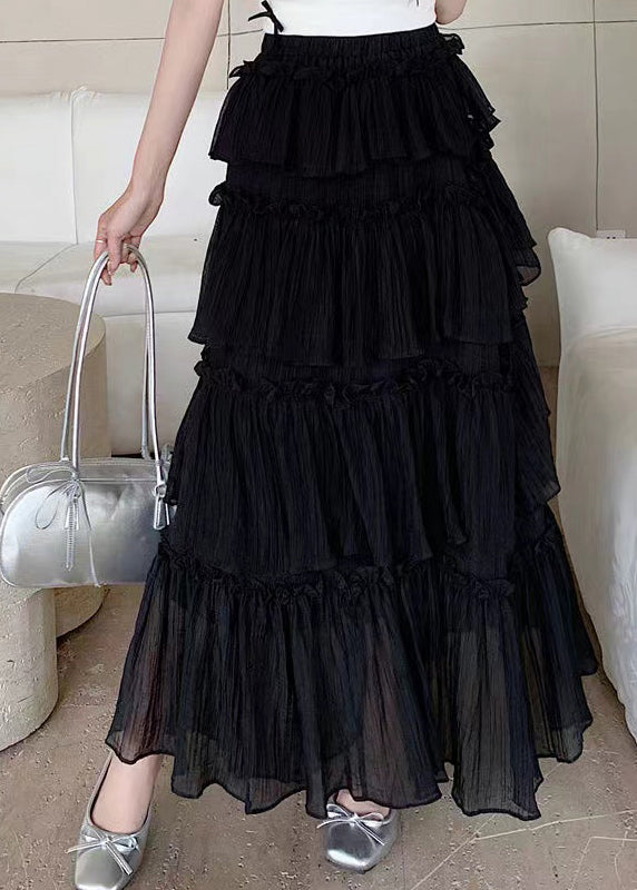 Fashion Black Ruffled Patchwork Elastic Waist Cotton Skirt Summer TT1021 shopify