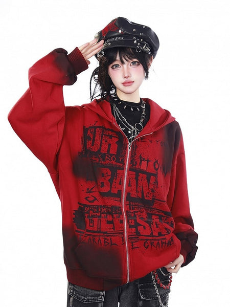 Dye Y2K Hoodie Letter Red/Black with Tie Print Design Jacket FashionChic