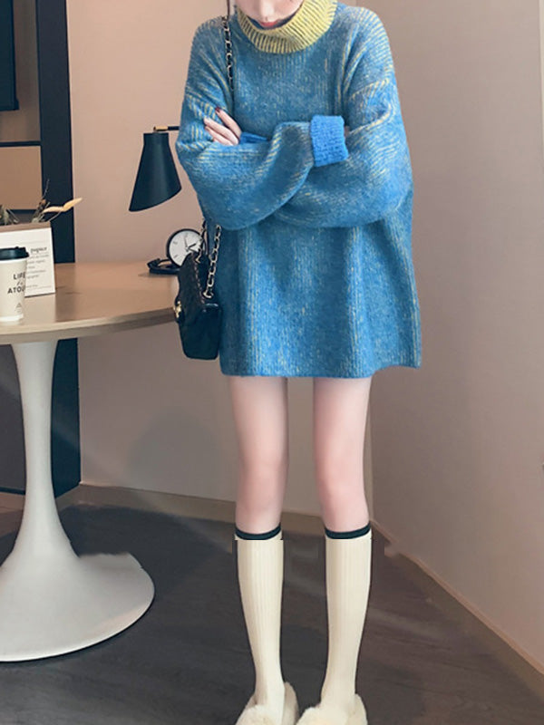 Design Loose Blue Contrast Color High-Neck Long Sleeve Sweater AN1054 Genistyle Shop