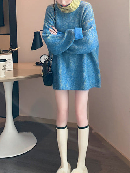Design Loose Blue Contrast Color High-Neck Long Sleeve Sweater AN1054 Genistyle Shop