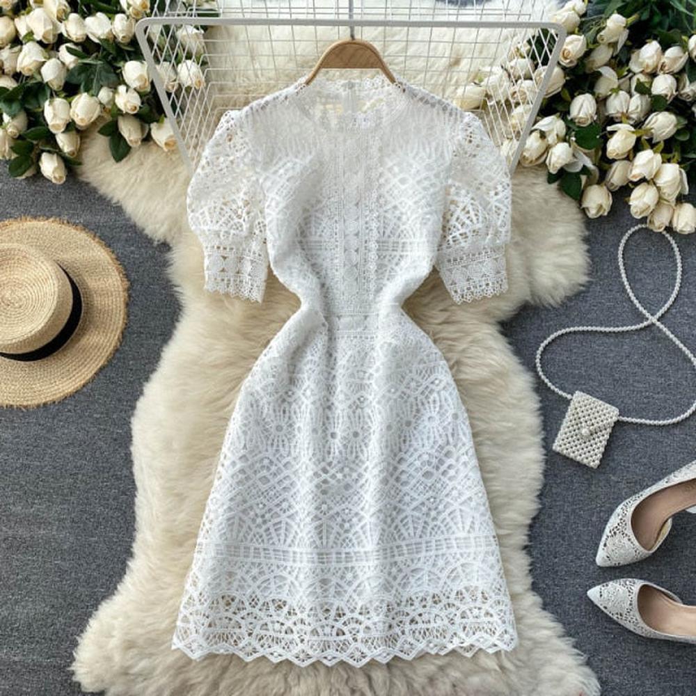 Chic Pink O-neck Hollow Out Lace High Waist Puff Sleeve Mini Dress AR1010 shopify