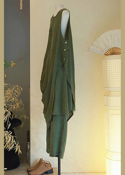 Button Cotton Set Sleeveless Asymmetrical Two Pieces Women Green FashionChic