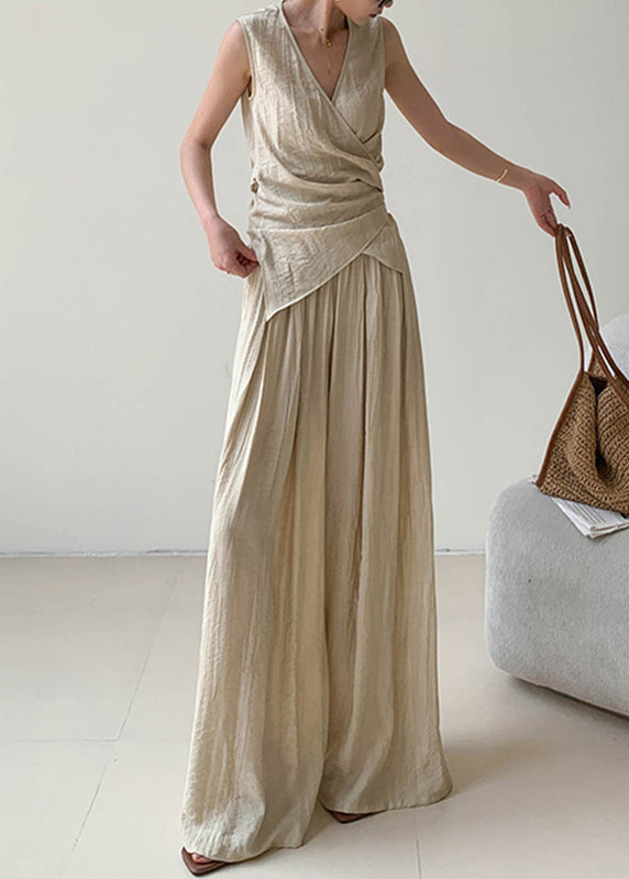 Boutique Apricot V Neck Wrinkled Linen Vest And Wide Leg Pants Two Pieces Set Summer AN1025 Genistyle Shop