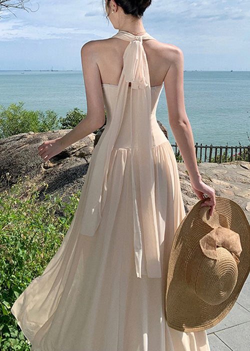 Dresses Waist Wrinkled High Long Cotton Summer Apricot FashionChic