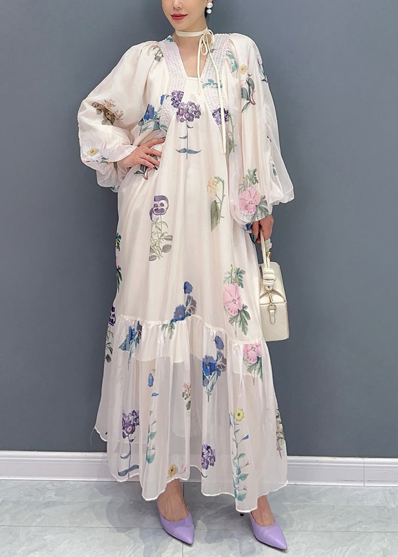 Bohemian White Print Chiffon Long Dresses Lantern Sleeve AR1027 JDML-240823