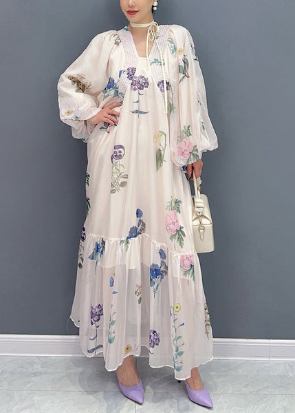 Bohemian White Print Chiffon Long Dresses Lantern Sleeve AR1027 JDML-240823