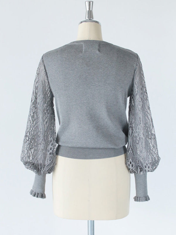 Tempermant Black Round-Neck Patchwork Hollow Lace Long Puff Sleeves Sweater QX011 shopify