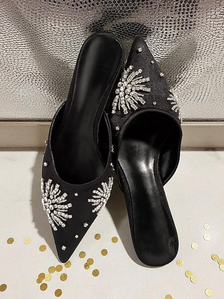 with Rhinestone Toe Pointed Mules Satin Black Women's FashionChic