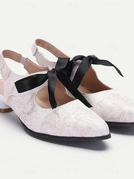 Heels Lace Bow Vintage Slingback Women's Elegant - with FashionChic