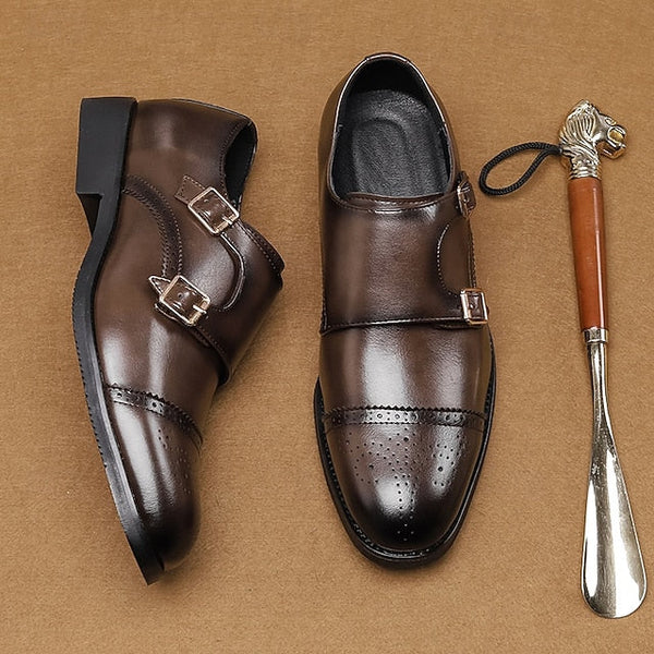 Double Men's Shoes Monk Strap Faux Brown with Dress Leather FashionChic