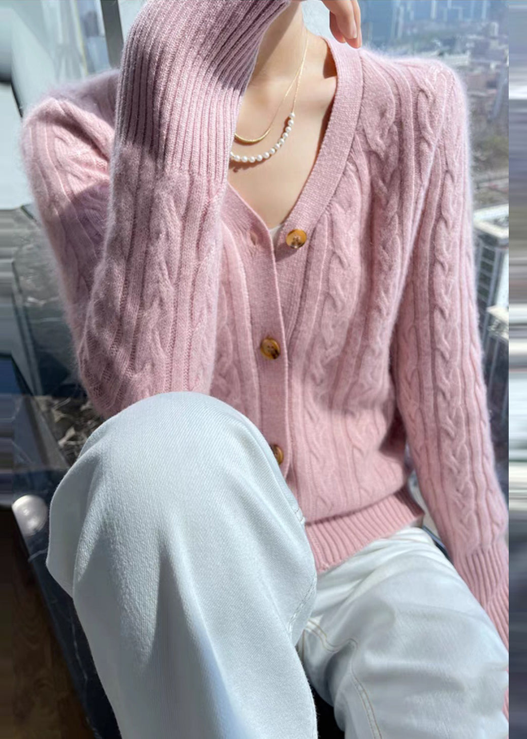 Italian Pink V Neck Solid Cable Wool Knit Cardigans Fall QP015 OL-NCT241001