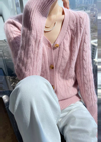 Italian Pink V Neck Solid Cable Wool Knit Cardigans Fall QP015 OL-NCT241001