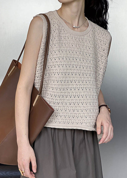 Khaki Hollow Out Cozy Loose Knit Vest O Neck Fall AF1010 HS-VTP240914