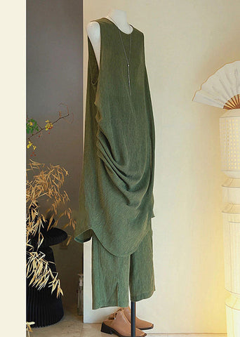 Button Cotton Set Sleeveless Asymmetrical Two Pieces Women Green FashionChic