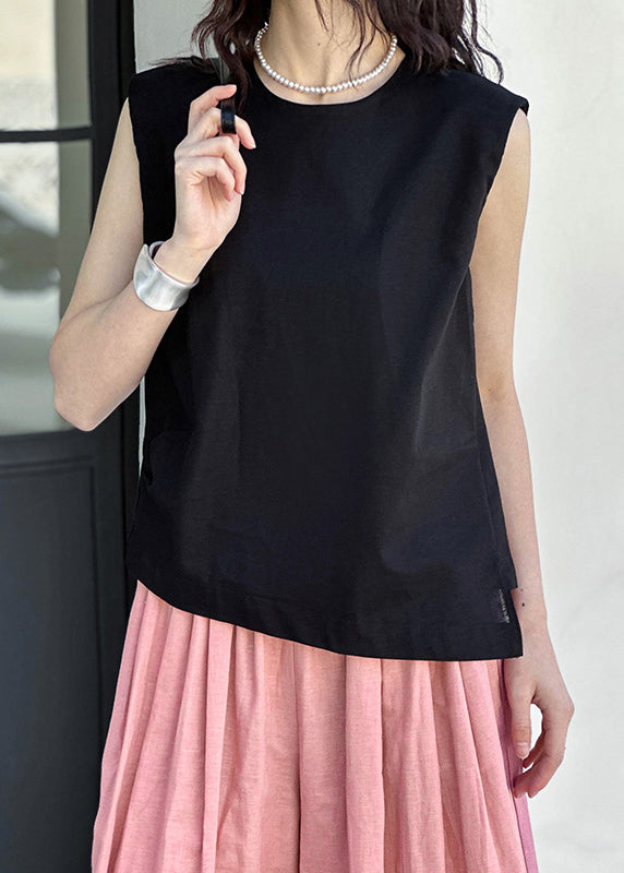 Black Cozy Solid Linen Tops O Neck Summer AF1023 HS-STP240914