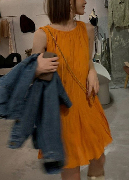 New Orange O Neck Solid Cotton Mid Dress Sleeveless QP038 OL-SDM241001